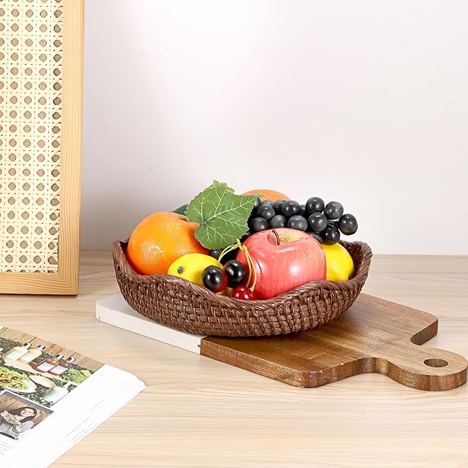 Hipiwe Decorative Key Bowl 8.5" Round Basket Bowl Handwoven Rattan Basket | Wicker Storage Basket Decorative Basket for Entryway Coffee Table Livingroom Fruit Bread Serving Tray, Brown