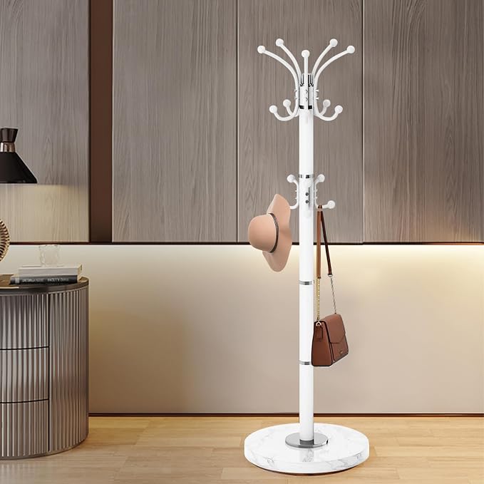 Coat Rack Stand 360°Rotary Coat Rack Freestanding with 16 Hooks | Modern Metal Coat Rack with Natural Marble Base,Coat Hanger Stand, White Coat Hall Clothes Tree for Hallway,Entryway,Office