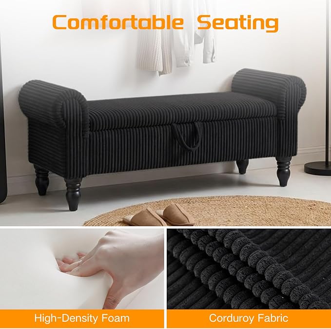 55" Corduroy Storage Bench, End of Bed Bench with Storage, Upholstered Bedroom Bench with Rolled Arm, Ottoman Bench for End of Bedroom, Living Room, Entryway (Black)