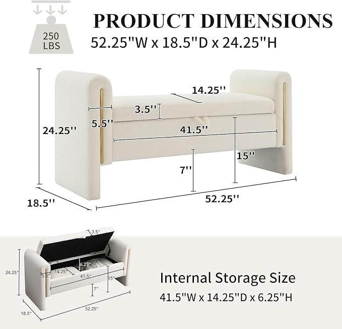NIOIIKIT 52" Storage Ottoman Bench, Teddy Upholstered Storage Bench with Armrest, Entryway Bench with Pull-Ring, End of Bed Bench with Padded Cushion, Window Bench for Living Room (White)
