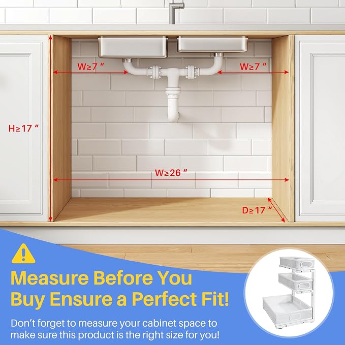 Under Sink Organizer, 3-Tier Thickened Metal Pull out Cabinet Organizer Shelf, Height Adjustable Slide out Storage Drawer Rack for Kitchen Bathroom Pantry Laundry Home Organization, 2-Pack, White | 35% Extra Storage Capacity, Carbon Steel, Hold Up 55lb...