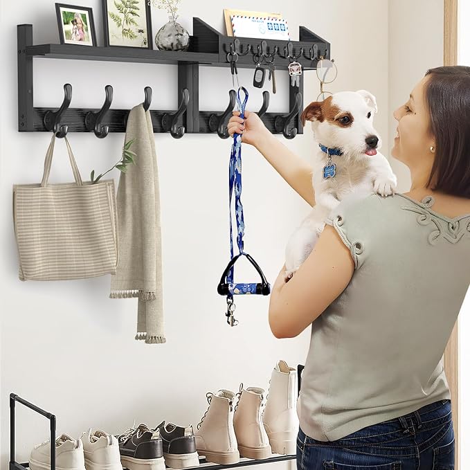 Evermagin 29" Coat Rack Wall Mount with Shelf for Entryway, Black | Wall Mounted Coat and Key Rack with Hooks, Key Holder with Mail Organizer for Wall, Living Room, Mudroom, Bedroom