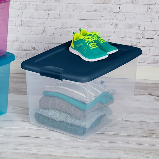Sterilite Color Program, Large Clear Plastic Storage, 64 Quart, 6-Pack | Clear Bins with Blue Lids - Stackable Organizing Container Boxes for Closet, Bathroom, and Office