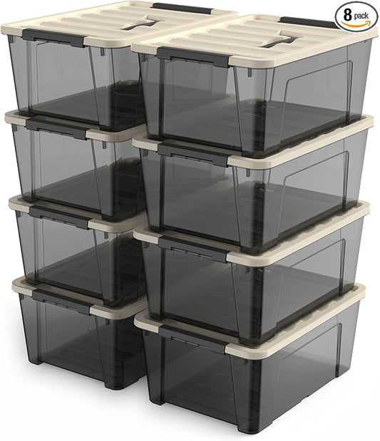 8 Pack Clear Black Plastic Storage Bins with Khaki Lids, Small Latching Storage Boxs with Handle, Stackable Containers for Organization (5 Quart)