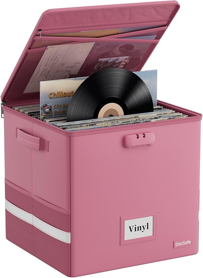 DocSafe Vinyl Record Storage Box with Lock, Fireproof＆Water Resistant Record Organizer for 100+ Single Records(12-inch), Collapsible Storage Crate with Lid&Handles for Valuable Album Collection,Pink