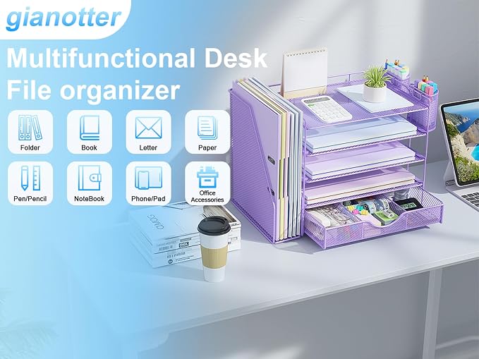 gianotter 5-Tier Desk Organizer with Drawers and File Holders | Letter Trays and Pen Holders - Workspace Accessories for Office Supplies (Light Purple)