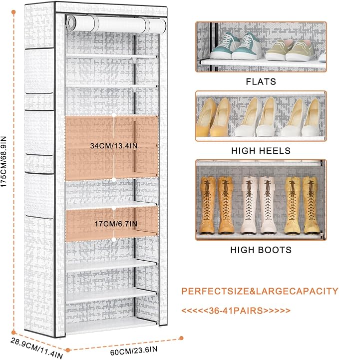 OYREL Shoe Rack Dustproof 10 Tier Tall Large Storage with 6 Storage Pocket | Space Saving Fabric Cover Shoe Organizer Shelf for Closet, Bedroom, Garage, Entryway, Narrow Free Standing Cabinet Holder