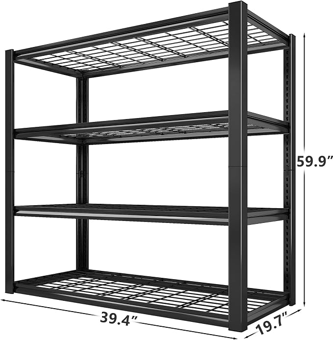 REIBII 40" W Storage Shelves with Wire Mesh Panels for Garage Organization | 560Lbs/tier, 40" W x 19.5" D x 59.5" H, Adjustable, 4-Tier, Double-Layer Frame, Rustproof Finish, for Basement Warehouse, 2Pc