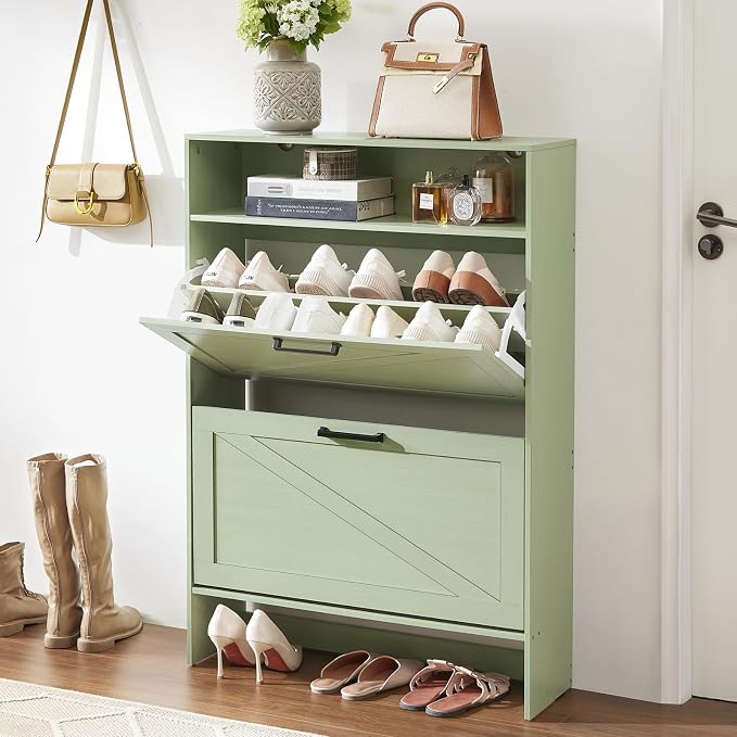 RWYHG Shoe Cabinet Storage for Entryway with 2 Flip Drawers | Open Storage Layer Rack Narrow Organizer Slim Hidden Wood Shoe Cabinet Furniture
