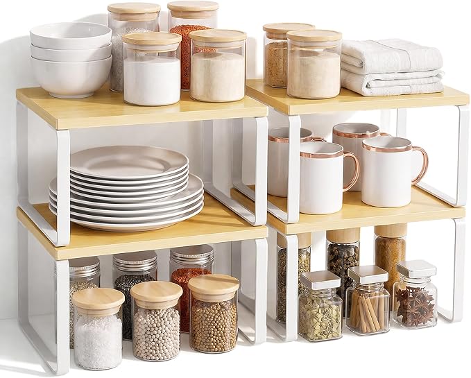 LAMU Cabinet Organizer Shelf, Set of 4 Expandable Kitchen Counter Shelve Plate Organizer for Cabiner, Stackable Spice Rack, CupBoard Organizers and Storage, Wood