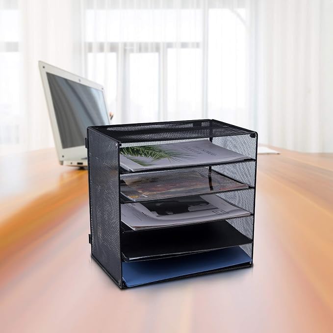 5 Slot Mesh Desk Organizer Tray, File Paper Letter Folder Holder Desktop Paper Sorter Mail Organization Rack Storage Accessories, for Office Home School Classroom, Black, 2 Pack