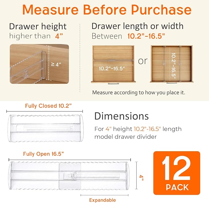 12 Pack 4" High Drawer Dividers for Clothes, 10.2"-16.5" Expandable Dresser Drawer Organizers, Adjustable Plastic Clear Drawer Separators for Kitchen, Baby Clothing, Socks, Underwear, Bedroom