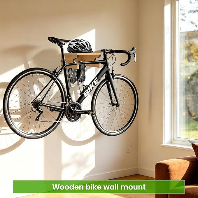 Wooden Bike Wall Mount w/Shelf & Hooks, Road Bike Storage Decor | Solid Wood Rack w/ Angled Slot & Non-Slip Padding Protects Frame. Top Shelf & 4 Hooks For Gear. Stylish For Apartments