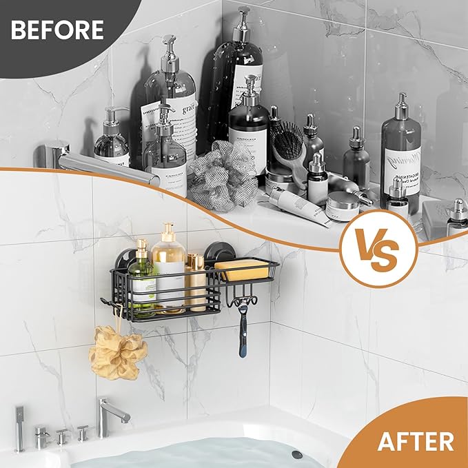 LEVERLOC Suction Cup Shower Caddy, Bathroom Shelf With Hook & Soap Holder | Black Shower Caddies, Soap Holder, No Drill Bathroom Caddy, Heavy Duty Shower Organizer, Removable Bathroom Shelf