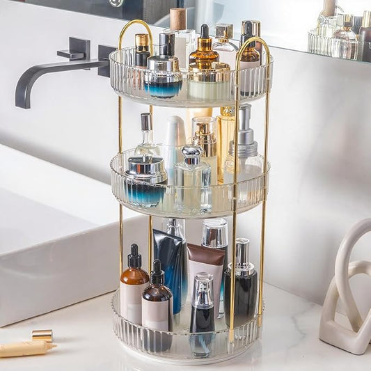 INVSSENE 360° Rotating Makeup Organizer, Bathroom Make Up Spinning Holder Rack, Large Capacity Cosmetics Storage Vanity Shelf Countertop, Fits Cosmetics, Perfume, Skincare, Lipsticks(3 Tiers, Clear)