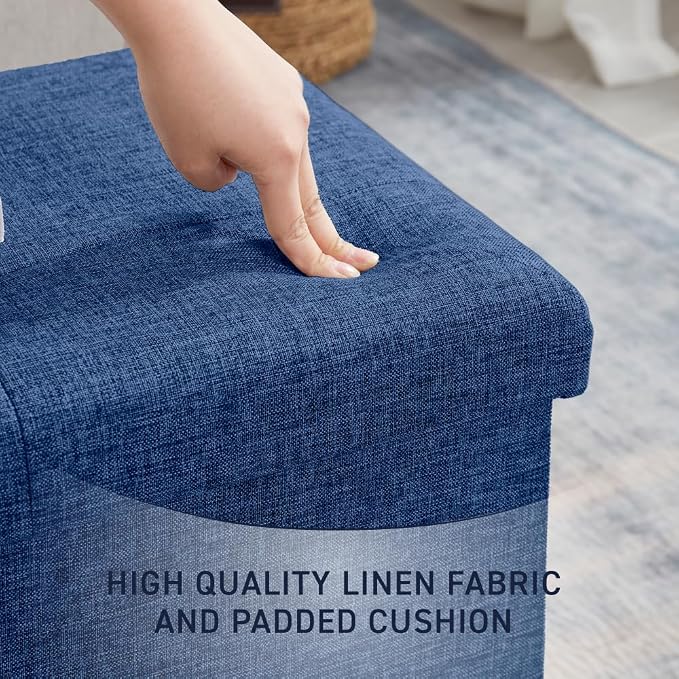 Ornavo Home 43 Inch Folding Extra Large Storage Bench, Linen, Navy Blue | Upholstered Tufted Ottoman with Lid; Foot Rest Stool; Ideal for Bedroom, Living Room or Entryway