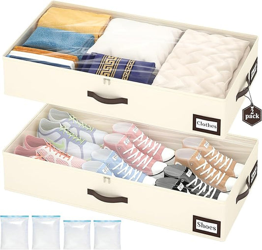 OIAHOMY 2 Pack Under Bed Storage with Handles, Underbed Container for Bedroom & Closet, Fits Beds Higher than 6", Under the Bed Storage for Seasonal Clothes, Blankets & Shoes - Beige