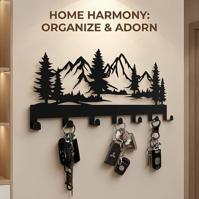 Key Holder Wall Mounted Key Hooks, Black Metal Key Rack Hooks, The Great Grove, Mountain Theme Wall Decoration Hooks, with 7 Hooks, Applicable to Front Doors, Lobby,Corridor, Offices (12 ")