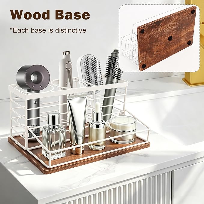 Hair Tool Organizer, Movable Hair Dryer Holder, Hair Styling Tools Storage for Vanity, Bath Counter Organizer, Bathroom Trays for Hair Toiletry, Makeup (12" x 7.7" x 5.8", Wood-White)