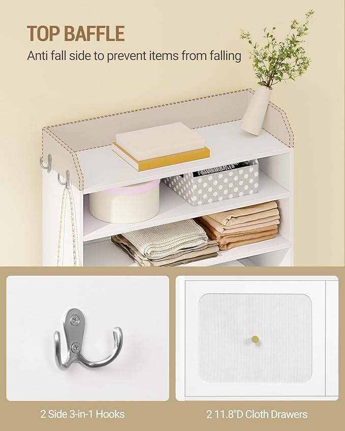Hzuaneri Shoe Storage Cabinet, 10 Tiers Shoe Organizer with 2 Cloth Drawers | Wooden Freestanding Shoes Cabinet with 2 Hooks, 40-45 Pairs, Shoes Cubby Organizer for Entryway, White SR52903MI
