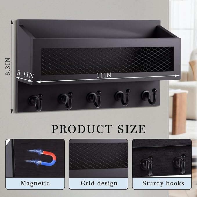 Colingmill Magnetic Mail and Key Holder for Wall Fridge Wooden Mail Organizer with 5 Key Hooks for Home Bedroom Fridge Kitchen Decorative(Black)