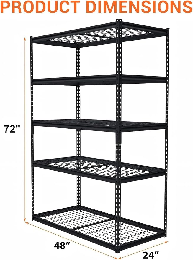Garage Storage Shelves 5 Tiers, Heavy Duty Storage Shelving Racks with 2500 LBS Capacity, 48 in L x 24 in W x 72 in H Metal Adjustable Utility Shelving Unit for Garage Organization, Basement, Workshop