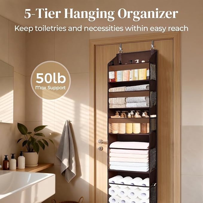 5 Tiers Over Door Organizer with 10 Mesh Side Pockets, 44 lbs Weight Capacity Hanging Storage Organizer with Clear Window Kids Toys, Shoes, Diapers, Dark Brown