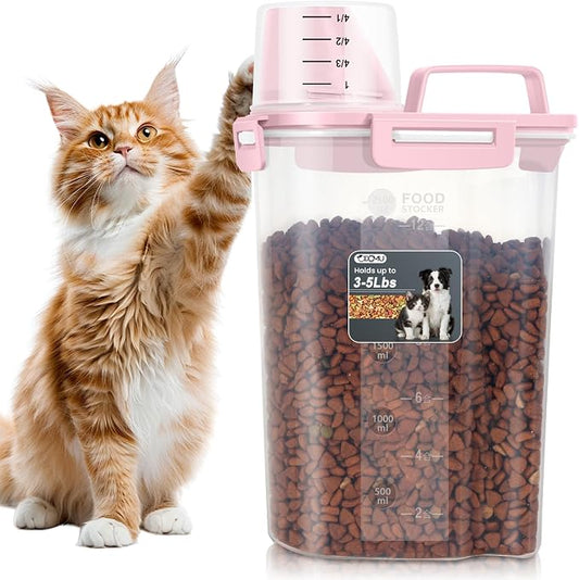 Dog Cat Food Storage Container with Cup (Pink, 2.5L) | Pet Food Pourable Container Airtight with Large Spout, BPA-Free Plastic Food Dispenser for Pet Food, Bird Seed, Rice, Flour