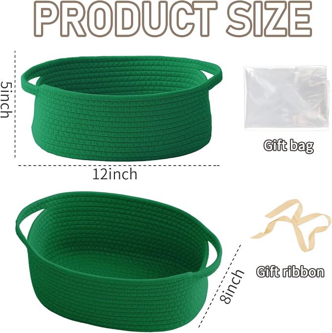 JMvicyroam Small Woven Basket, Empty Gift Basket, Green/2 Pack | Small Gift Basket, Cotton Rope, 12 x 8 x 19 in, Handles, Includes Ribbon and Bag, Birthday Gift Basket