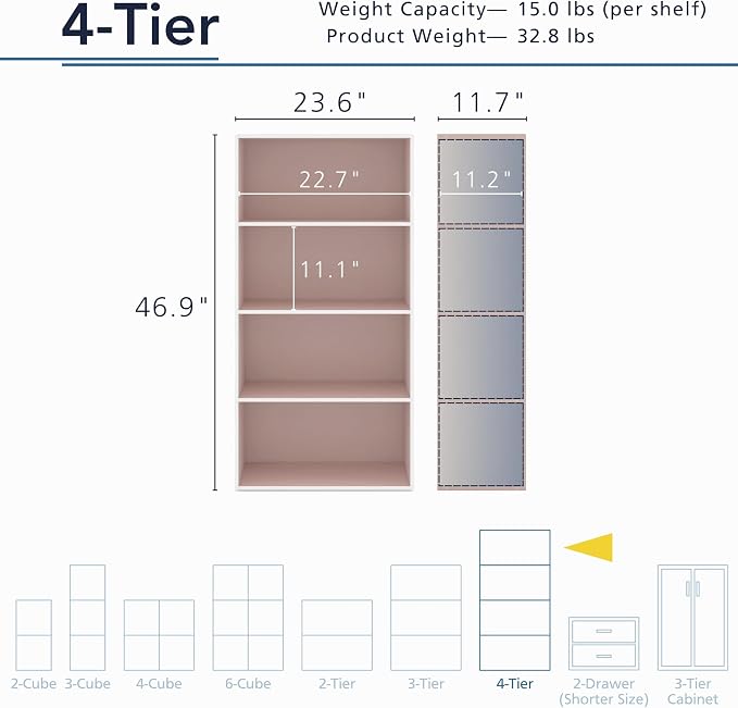 Homes: Inside + Out Apexa 4-Tier Cube Storage Organizer Shelves, Stackable Wood Bookcase Fits Cubby Bins for Organization, Dorm Teen Room Decor & Home Office, Light Pink