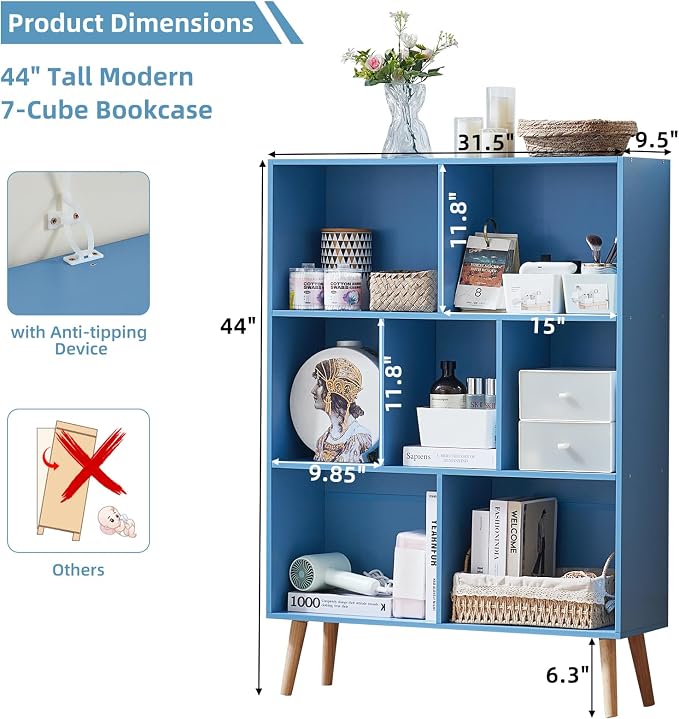 LEYAOYAO Cube Bookshelf, Mid-Century Modern Book Shelf with Legs, Blue | 3 Tier Bookcase, Rustic Wood Bookshelves Freestanding Small Storage Organizer, Open Shelves for Bedroom, Living Room, Office