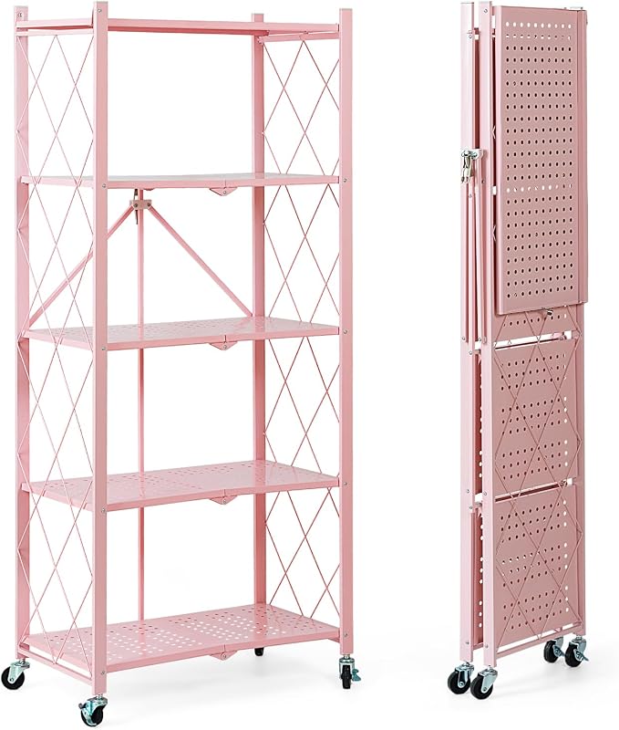 BRIAN & DANY 5-Tier Foldable Storage Shelves with Wheels, Folding Metal Rack Shelving Unit, Heavy Duty No Assembly Organizer Shelf for Garage, Kitchen, Basement, Pantry, Pink