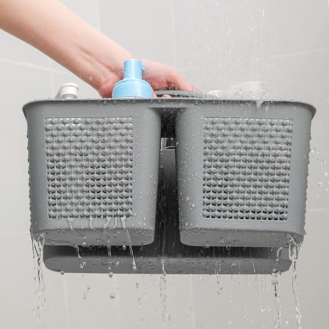 Plastic Portable Shower Caddy Basket with Handle, 3 Compartments, Grey | Storage Organizer with Drain Holes, Sturdy and Durable For Bathroom, Kitchen, College Dorm, Sink, Camping