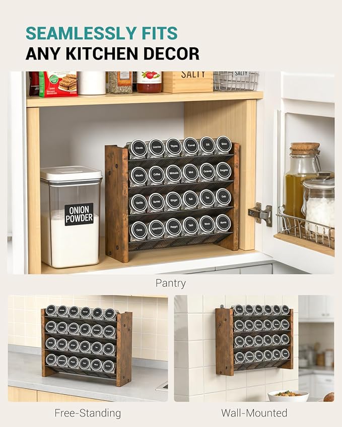 NESAPTO Spice Rack Organizer for Cabinet, Wood 4-Tier Vertical Seasoning Organizer, Wall Mount or Countertop Spice Shelf, Holds 24 Jars (No Jars Included), 12.2" W x 9.4" H