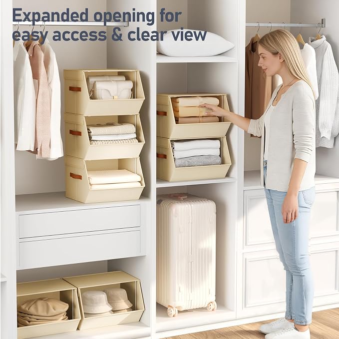 Stackable Closet Organizers and Storage Bins, Open Front Closet Shelf Organizer System With Steel Frame, Clothes Storage Basket Fabric, Collapsible Closet Drawers for Wardrobe, Nursery ,Toy, 6 Pack