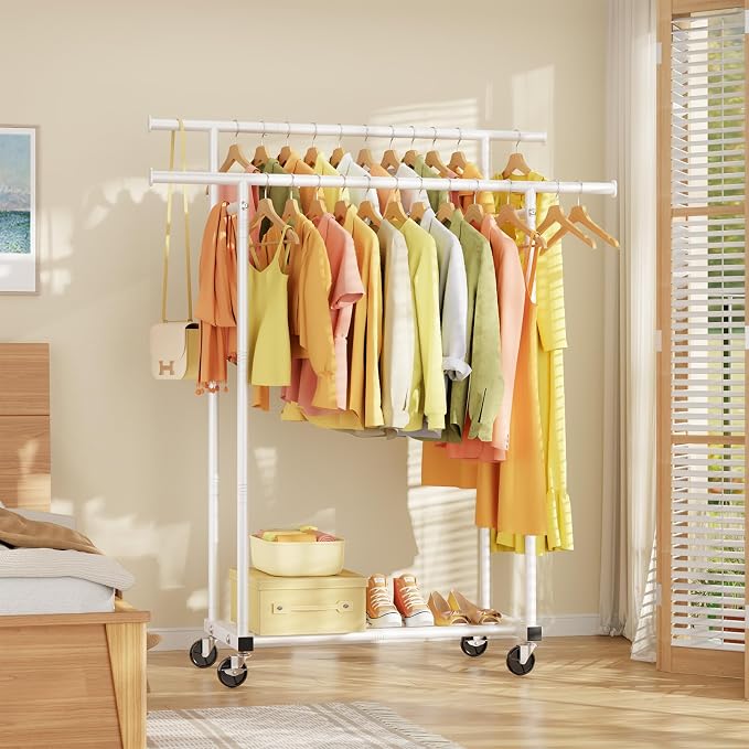 HYSEYY Double Rods Clothes Rack, Rolling Clothing Rack for Hanging Clothes Portable Wardrobe Rack, Metal Garment Rack Sturdy Coat Rack for Bedroom Laundry Living Room, White
