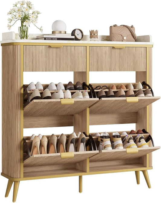 Fluted Shoe Storage Cabinet with 4 Flip Drawers & 2 Drawers, Freestanding Hidden Shoe Organizer with Adjustable Shelves, Wood Narrow Shoe Rack Cabinet for Entryway, Foyer, Hallway, Natural Oak
