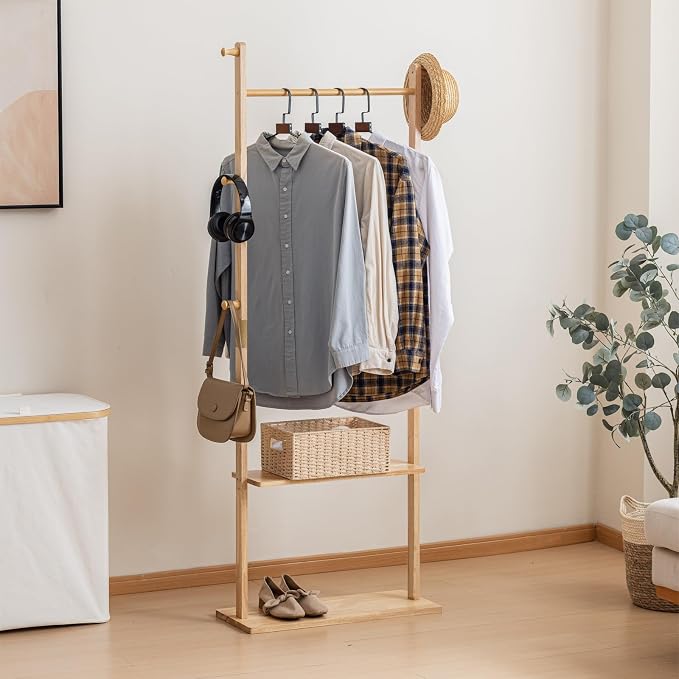 SOBIBO Wood Coat Rack Freestanding with Shelves & Hooks, 23.6inch, Natural | Solid Wood Frame, 3-in-1 Clothes Rack, Garment Rack with Storage for Bedroom, Hallway, Entryway, Office, Living Room