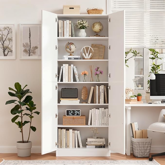Cyclysio 80" Storage Cabinet, Tall Arched Bookcase with 4 Soft Close Doors, 6-Tier Wooden Pantry with Adjustable Shelves, Seamless Fit Wall for Home Office, Living Room, Kitchen (White)