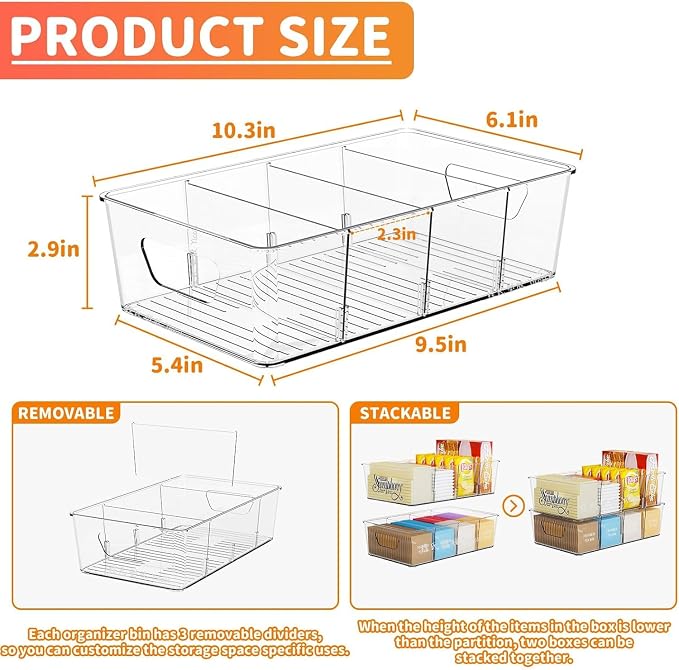 Stackable 4 Pack Snack Organizer for Pantry Shelf,Clear Pantry Organizers and Storage Bins for Fridge,Office,Cupboard,Plastic Pantry Snack Organizer For Breast Milk,Tea Bag,Food Storage Containers