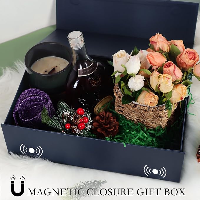 LFBOX Navy Blue Gift Box with Magnetic Lids 1 Pack | Large Bridesmaid Groomsman Proposal Boxes,13.8x8.3x4.4 in, Collapsible Rectangle Storage Box
