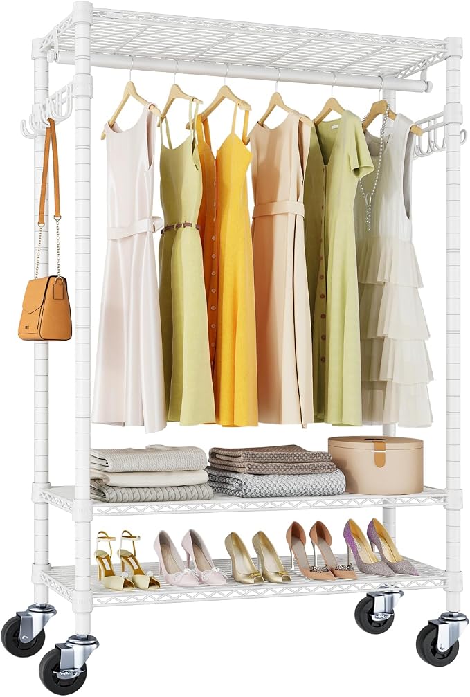 VIPEK R3 Rolling Clothing Rack Portable Garment Rack for Hanging Clothes | Lockable Silent Wheels, Adjustable Wire Shelving, Metal Side Hooks, Load 374lbs, Space-Saving Storage for Small Space, White
