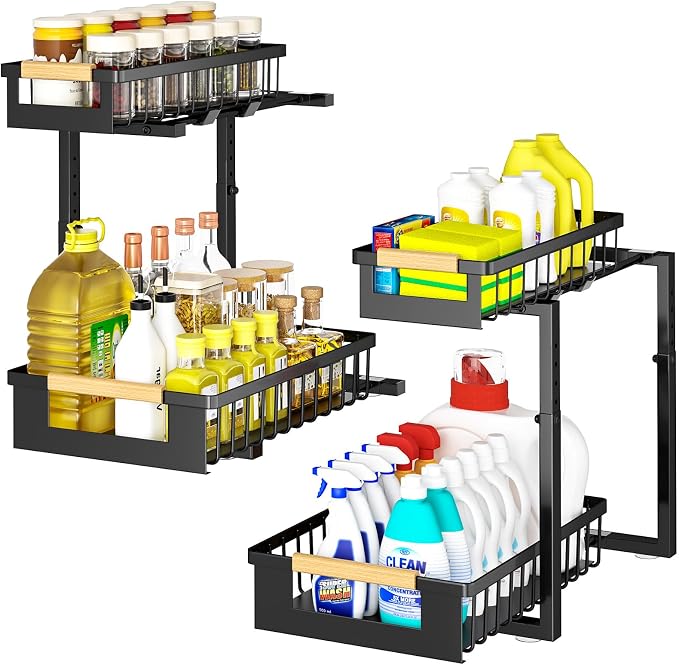 4 Pack L-Shape Under Sink Organizer, 2 Tier Pull Out Cabinet Organizer with 5-Level Adjustable Height, Double Sliding Metal Storage Rack for Kitchen Bathroom Pantry, Black
