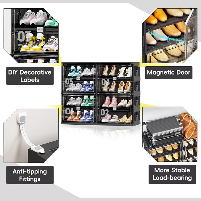 JEKO&JEKO 4 Tiers Foldable Shoe Rack Organizer Cabinet for Closet Entryway, Large Collapsible Shoe Storage Box with Magnetic Doors Fits Up to 16 Pairs (Black)