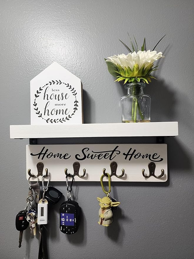 buways Key Holder Wall Mount with 8 Rustic Hooks and Cozy Home Sign(White) | Solid Wood,lots of colors, Floating Shelf for Keys, Mail, and Daily Essentials in Entryways, Hallways or Home Decor