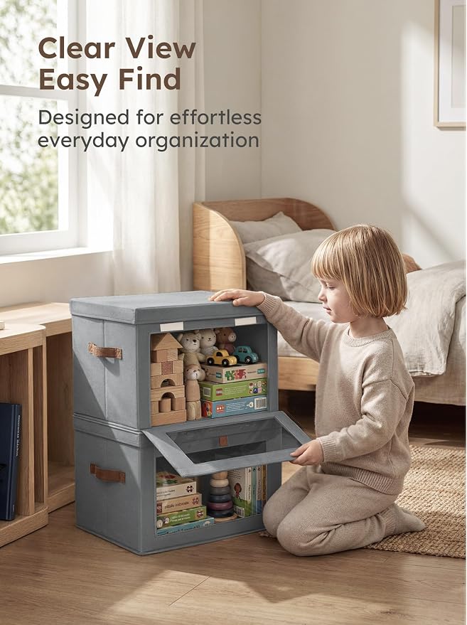 Homsorout Medium Fabric Storage bins - Collapsible Storage Bins with Open Window, 2 Pack Closet Baskets for Shelves, Stackable Decorative Boxes for Home, Dorm, Grey, 13.7"x 9.8" x 9.8"