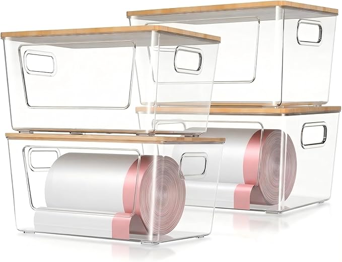 spospo 4 Pack Trash Bag Holder with Bamboo Lid Stackable Trashbag Dispenser | Extra Large Garbage Bag Holder for Kitchen Laundry Room Under Sink Organization and Storage
