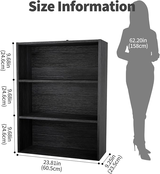 HealSmart 3 Tier Bookcase, Industrial 3 Book Shelf, 9.2" D x 23.8" W x 31.5" H Tall Open Cube Storage Organizer for Home Office, Living Room, Bedroom and Dinning Room, Black