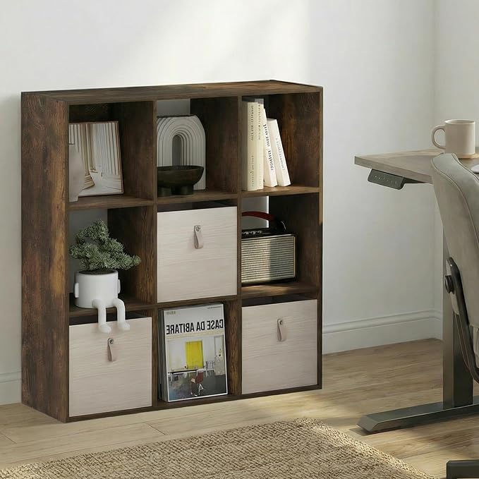 Furinno PELLI Book Shelf, 9-Cube Bookshelf, 3x3 Cube Storage Organizer Bookcase, 11.7 x 35.3 x 35.4, for Organization and Storage, for Living Room, Bedroom, Home Office, Amber Pine