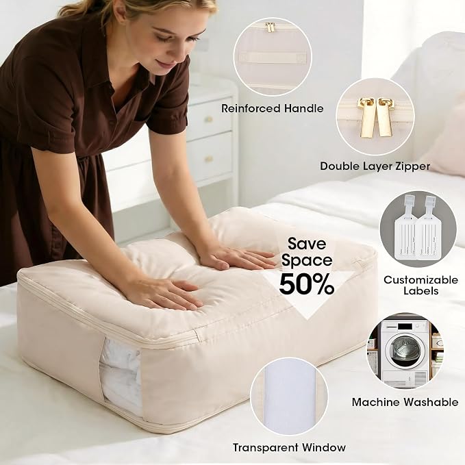 4 Pack Comforter Storage Bag, 68L Blanket Storage Bags Self Compression Comforter Organizer and Storages, Space Saving Washable Compression Bags for Blanket Bedding Pillow Duvet Quilt, Beige
